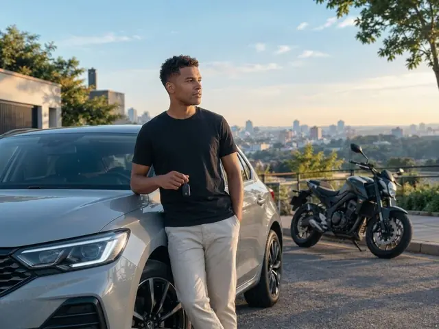 Jovem encostado em um carro, segurando a chave, com uma moto ao fundo