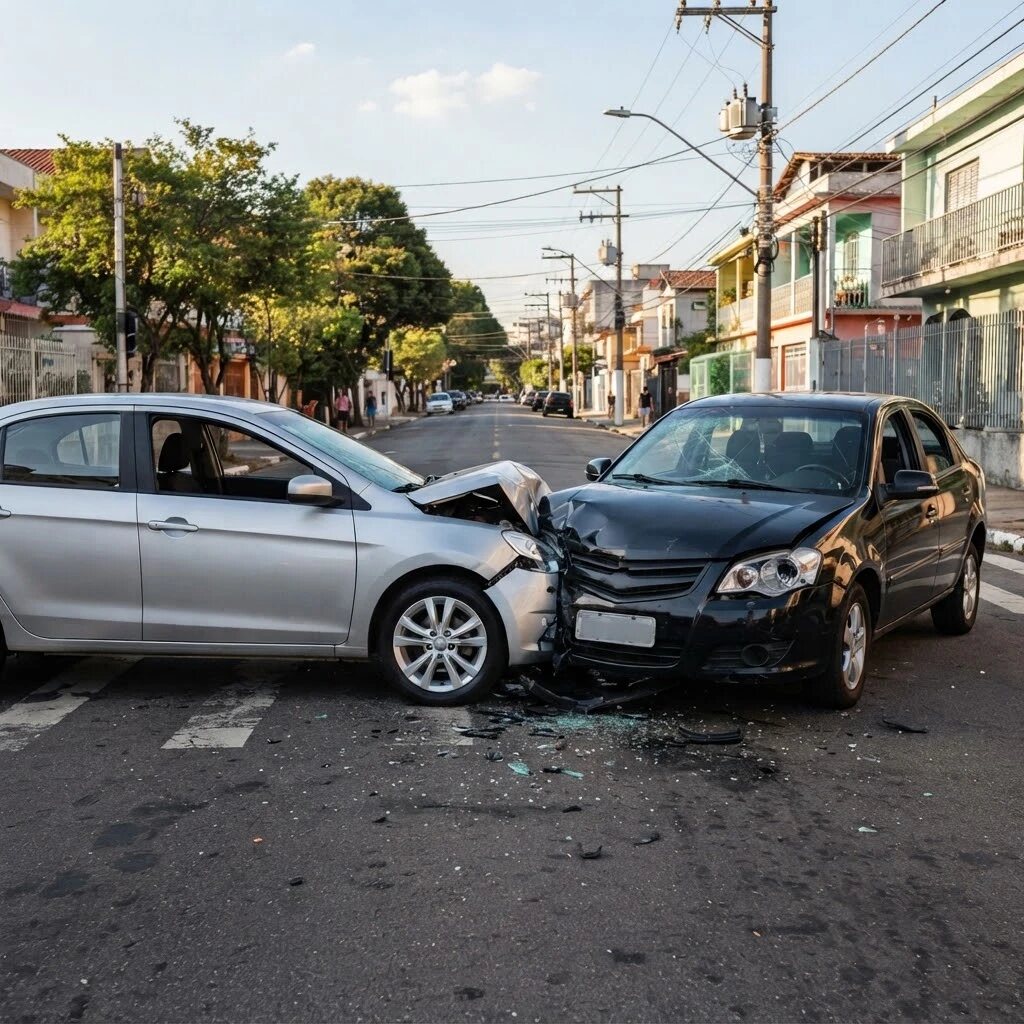Dois carros batidos de frente em um cruzamento de rua, com vidros e peças espalhados no asfalto