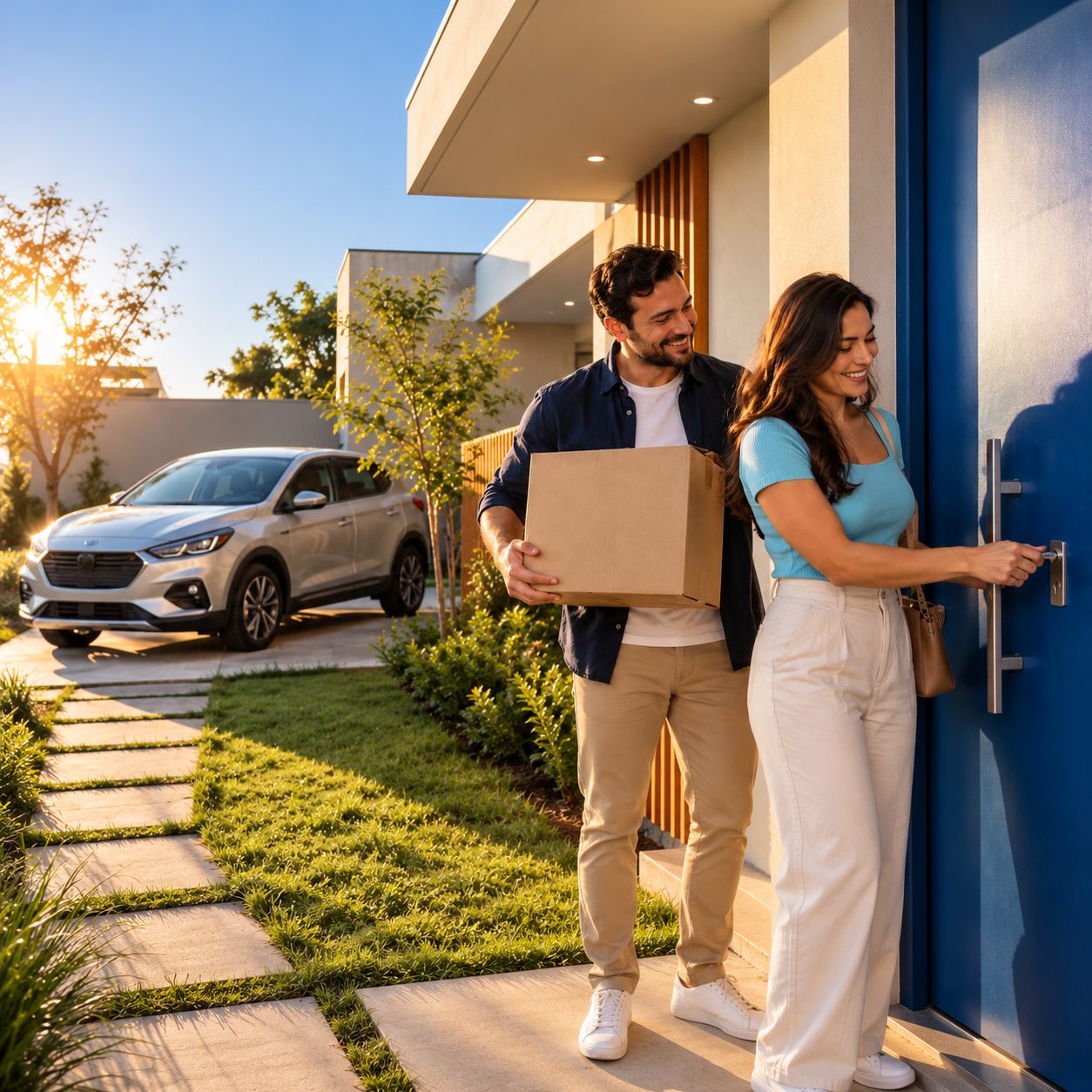 Casal sorridente chegando à casa nova: ela abre a porta azul com a chave e ele segura uma caixa de mudança, com um carro prata na garagem