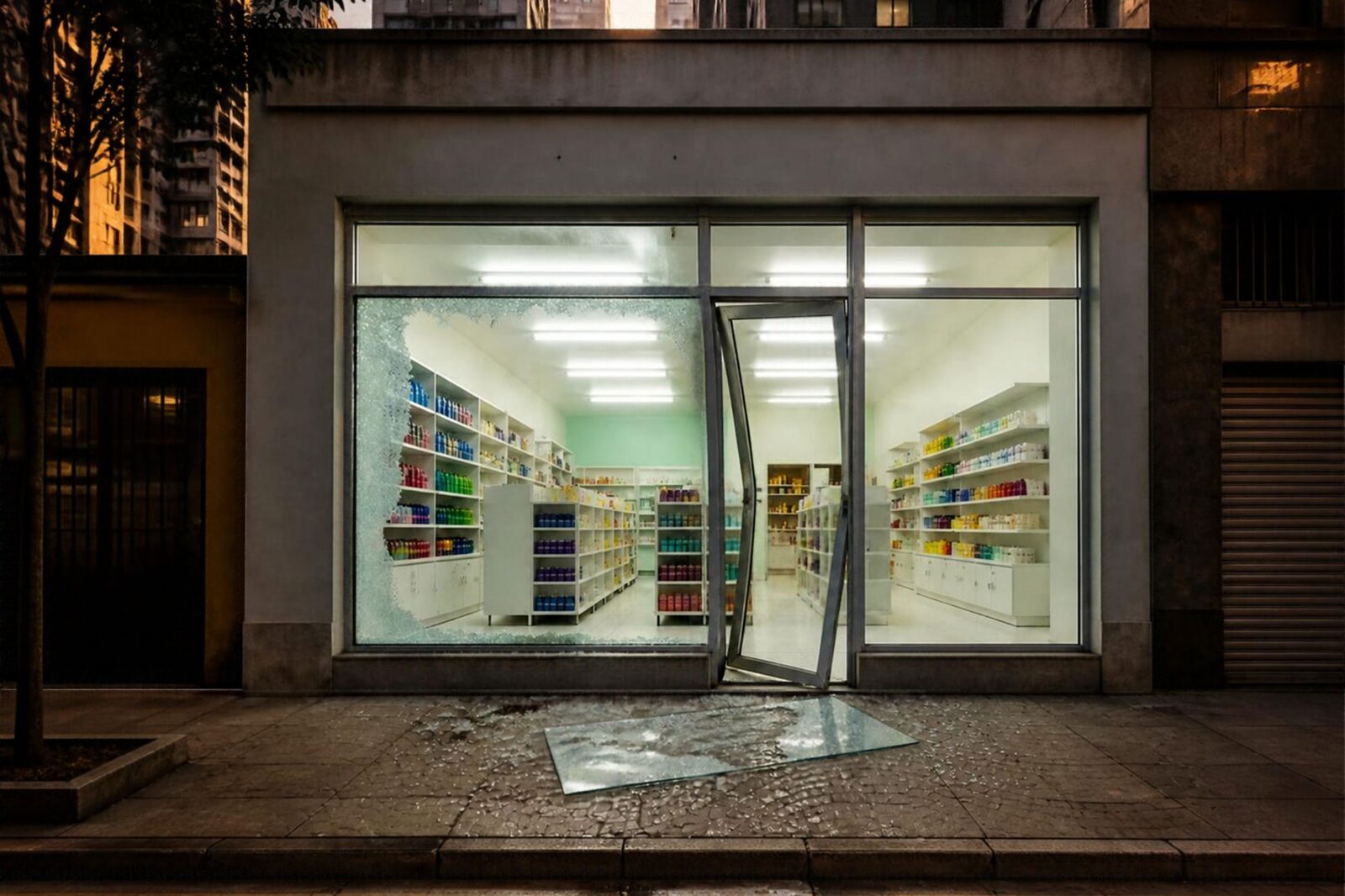 Vitrine de uma loja ao entardecer com o vidro estilhaçado, a porta torta e um painel quebrado na calçada