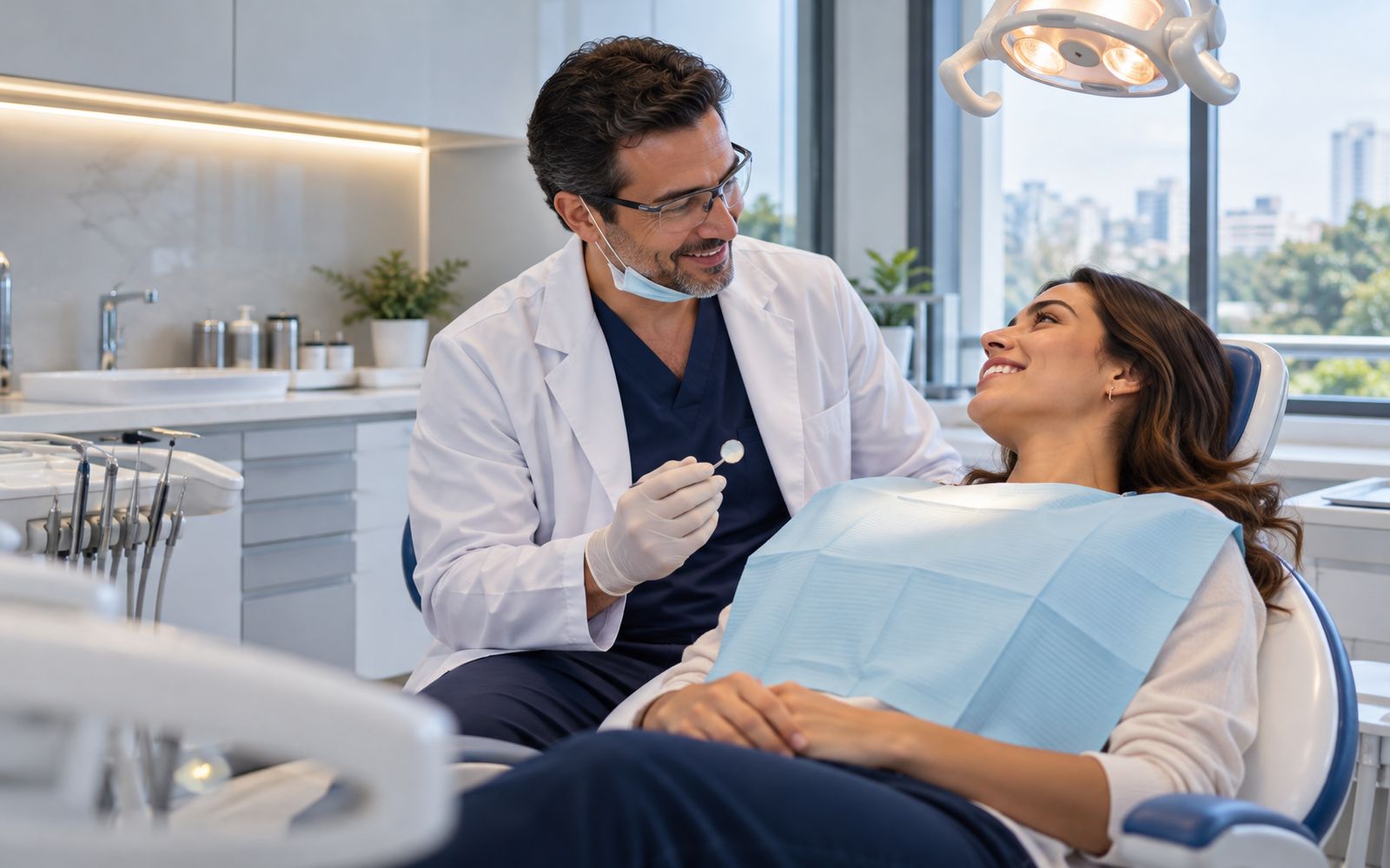 Dentista sorrindo e conversando com uma paciente tranquila, deitada na cadeira de um consultório odontológico claro e organizado