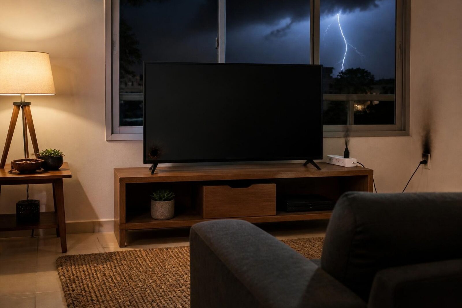 Sala de estar à noite durante um temporal, com a TV de tela preta e a tomada queimada soltando fumaça