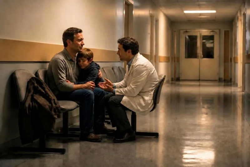 Homem conversando com o médico, com o filho encostado no braço
