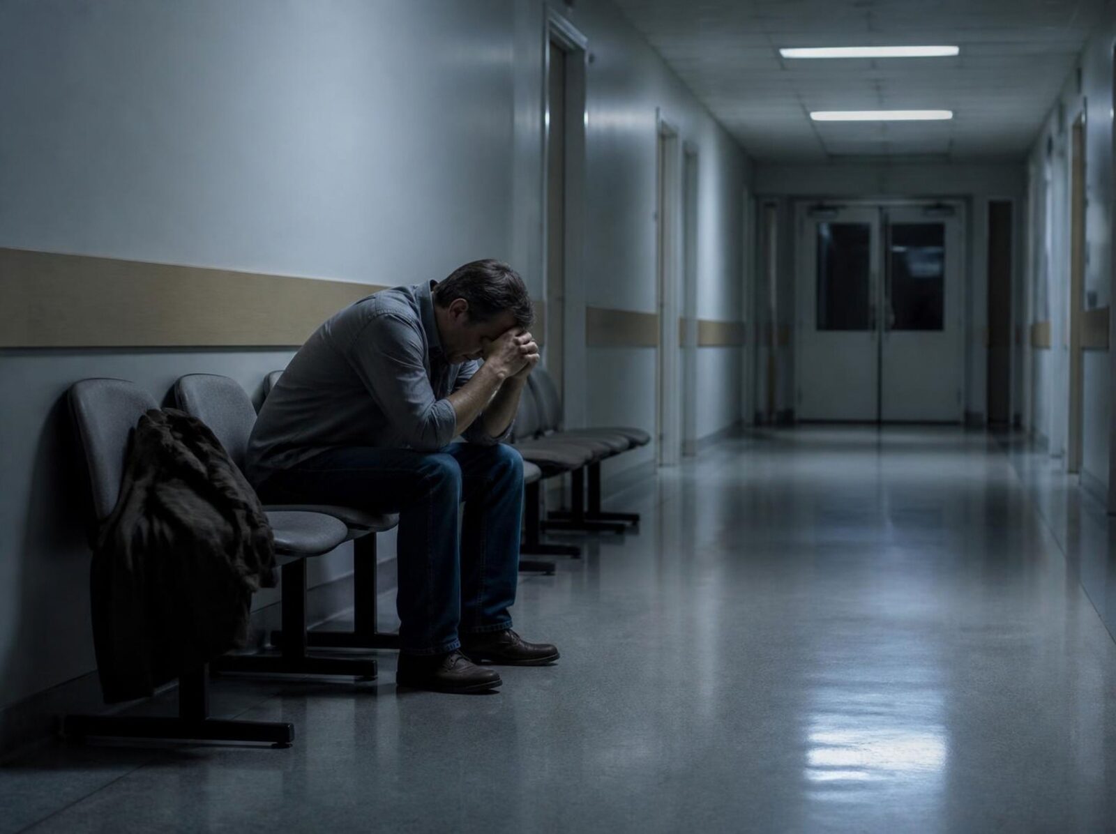 Corredor de hospital à noite, com um homem sozinho sentado numa cadeira de espera, de cabeça baixa e as mãos na testa