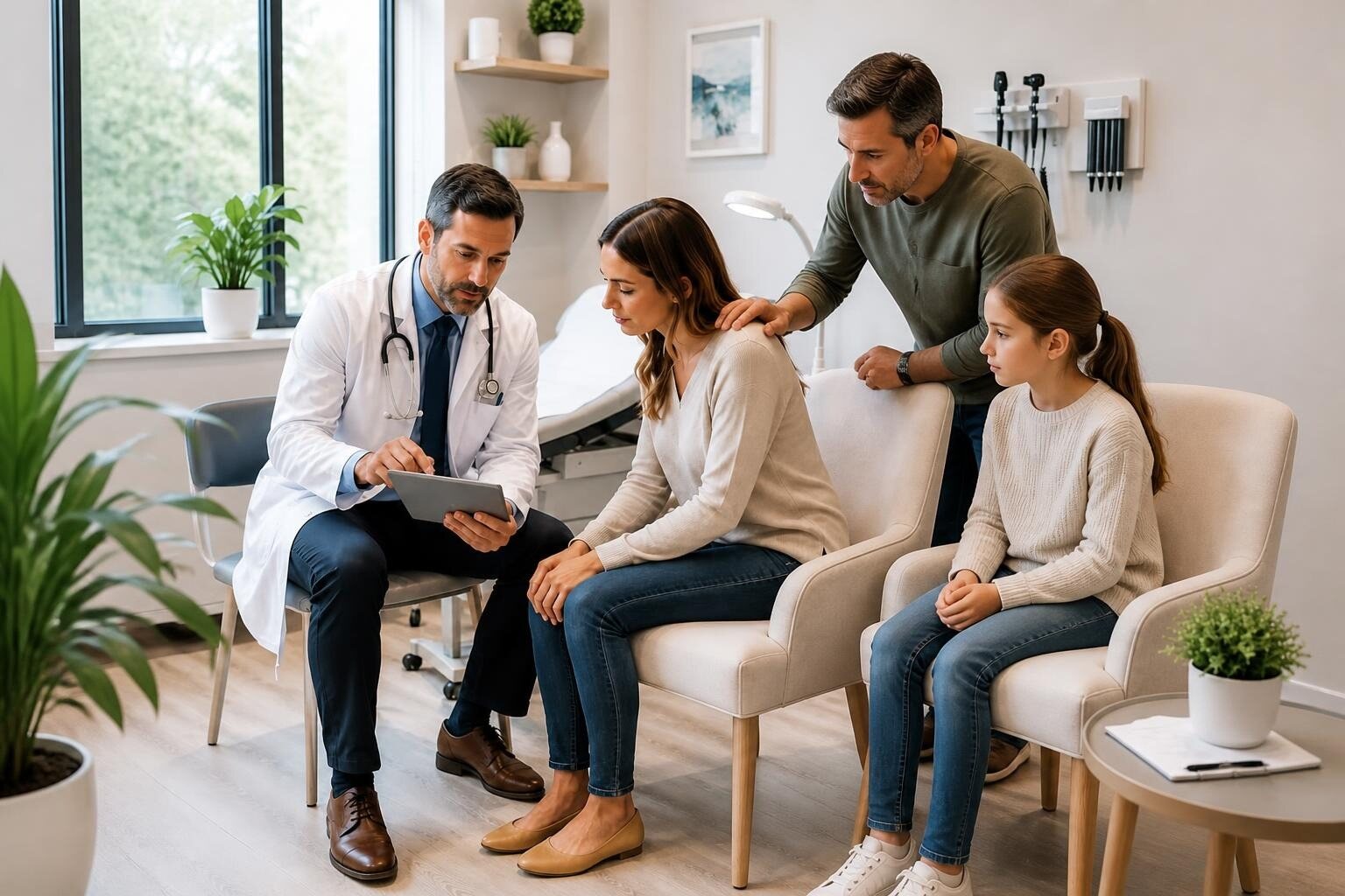 Médico mostrando informações em um tablet para uma mulher, com o marido e a filha ao lado, ouvindo com atenção